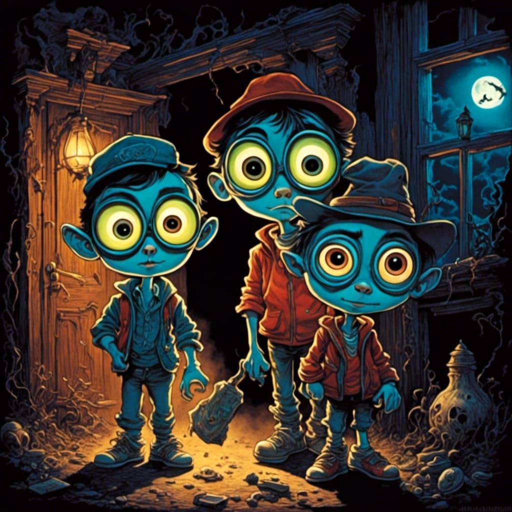 Cute Big Eyed Boys Ghost Hunting in Airbrush Art