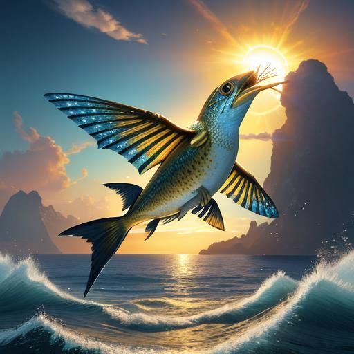 Golden Flying Fish Leaps from Ocean: Digital Painting
