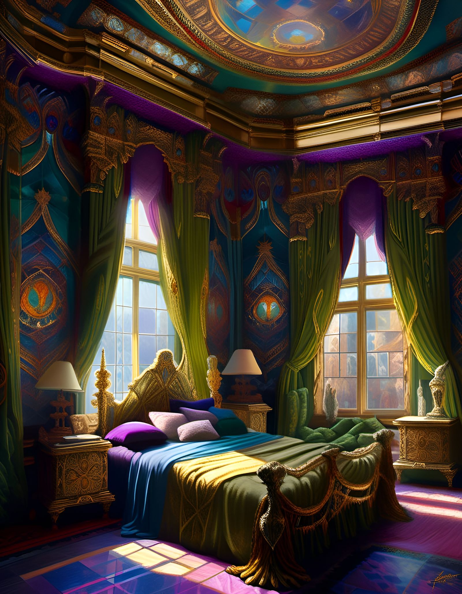 Ornate Bedroom with Iridescent Details, Hyperrealism