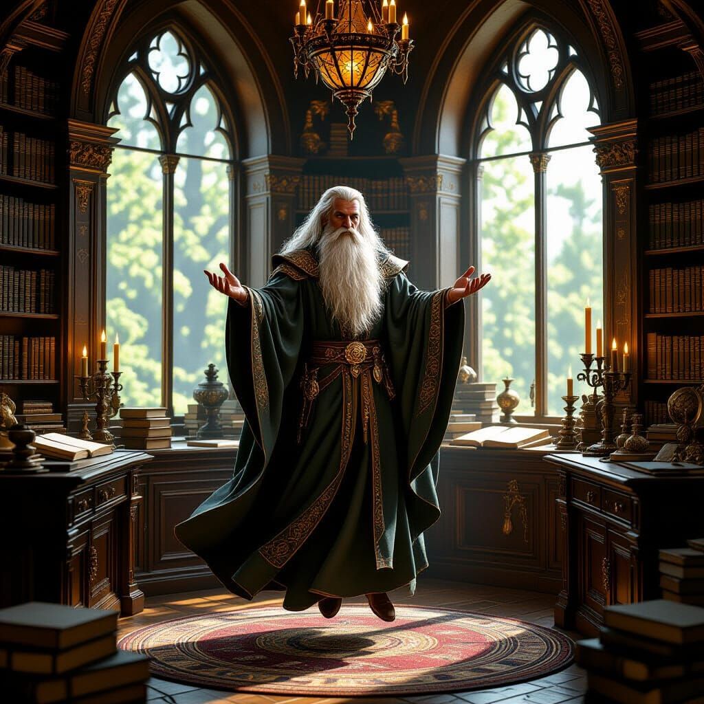 Magical Merlin Levitating in Study, Fantasy Concept Art