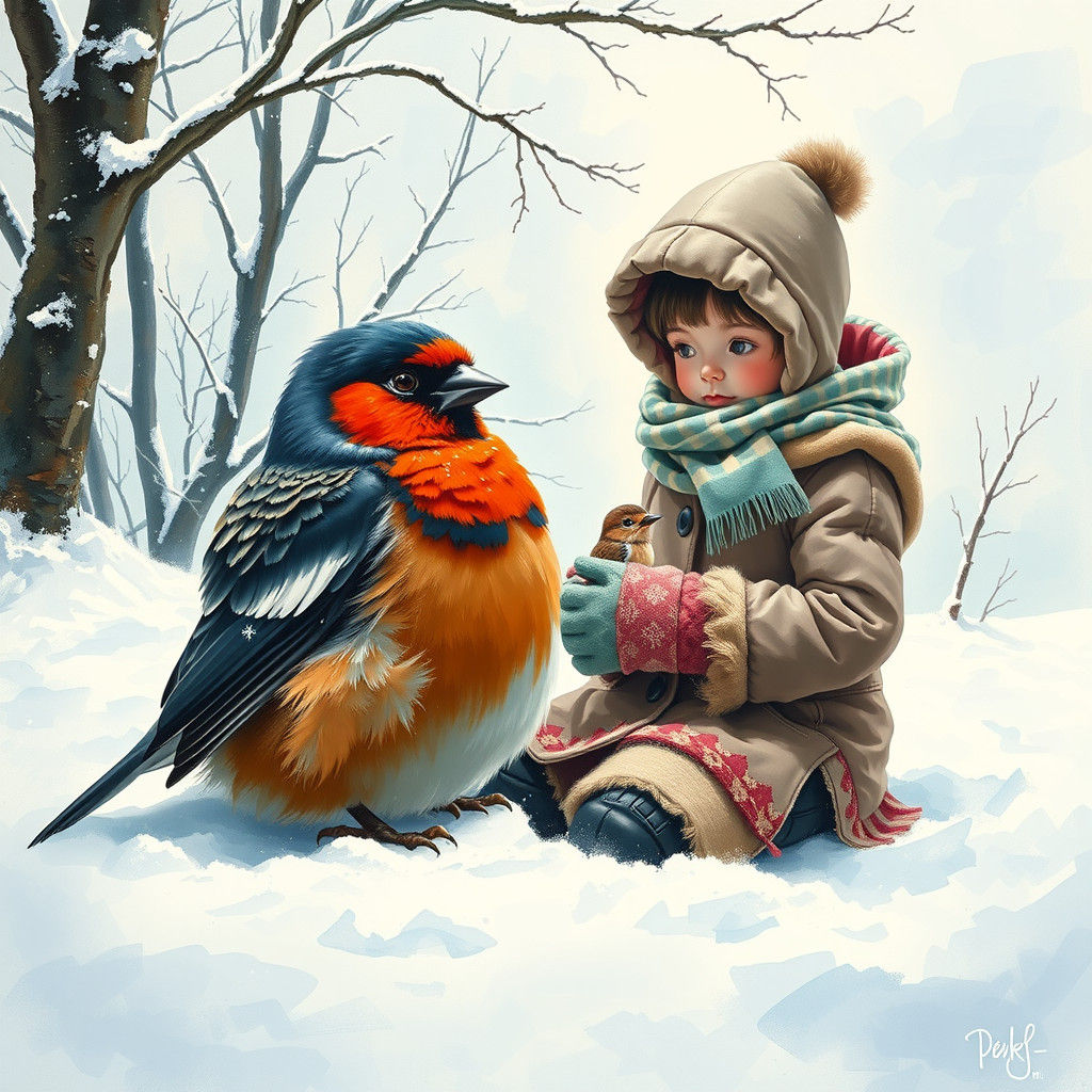 Girl and Bird in Surreal Winter Landscape