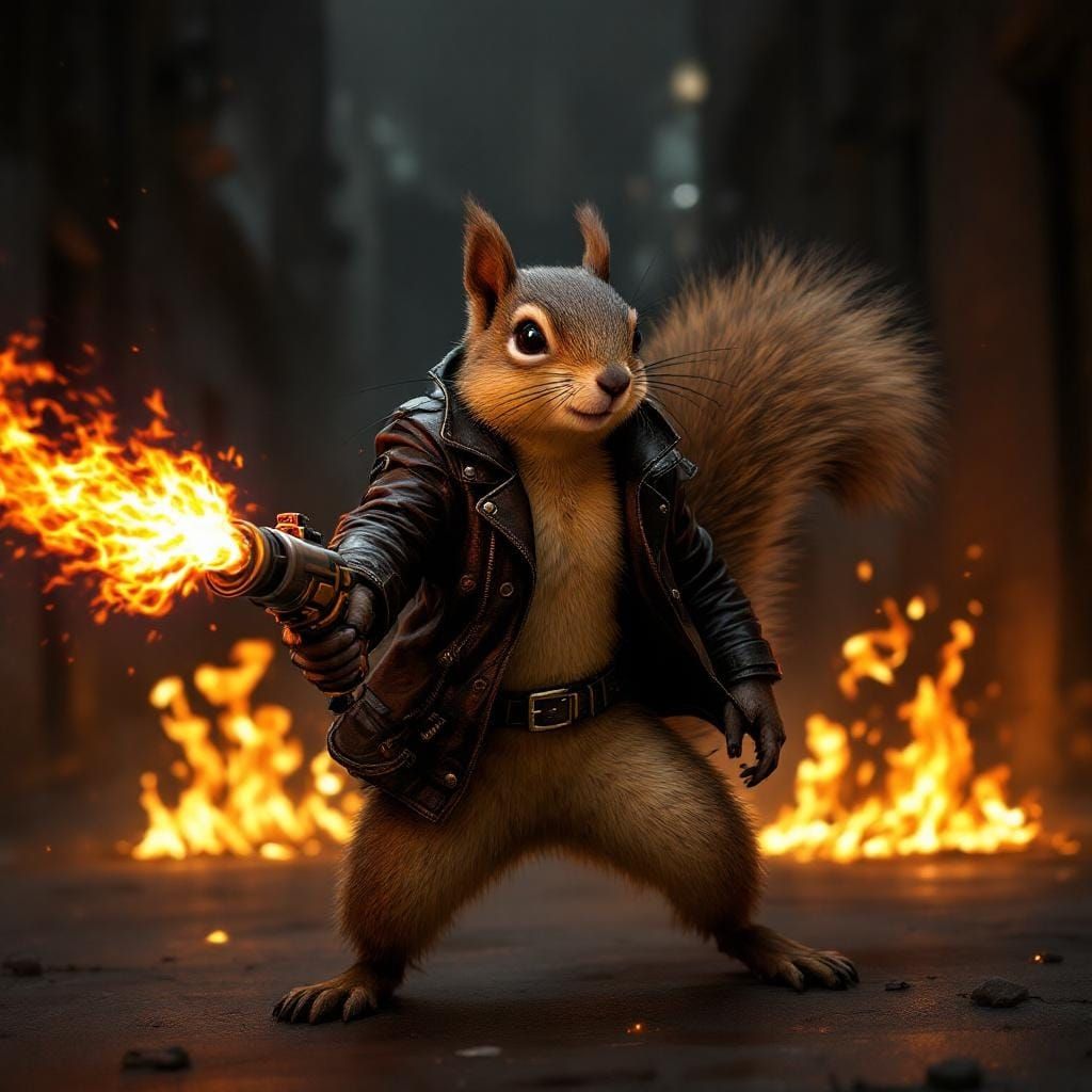 Cyberpunk Squirrel with Flamethrower in Dystopian Cityscape