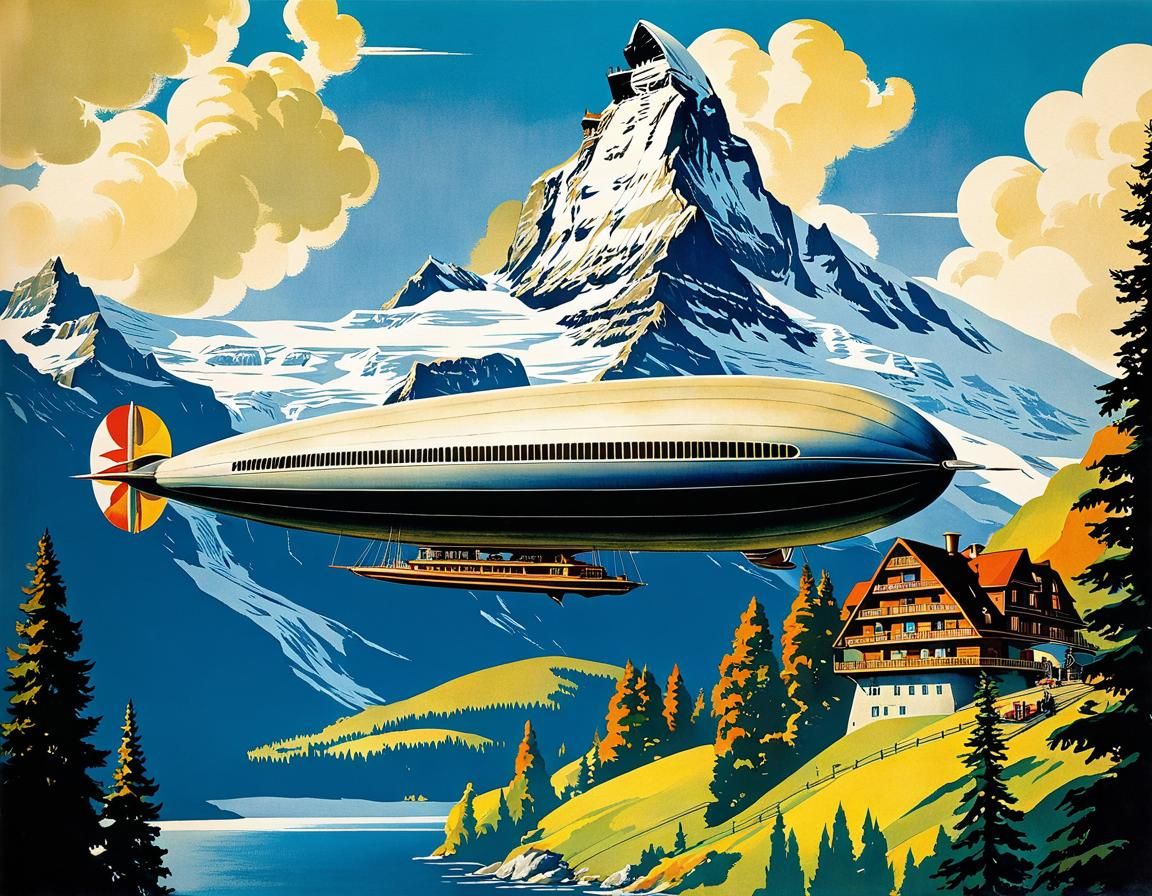 Retro Zeppelin Yacht Over the Matterhorn: 1930s Poster
