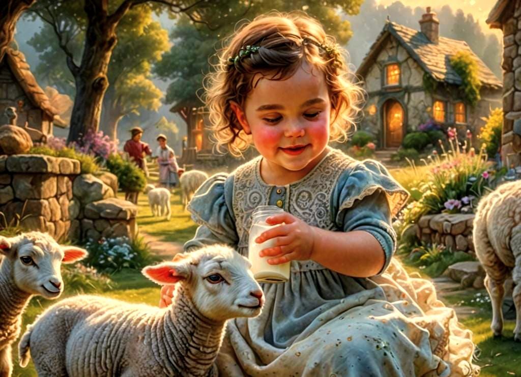 Baby Girl Feeds Lamb in Hyperrealistic Fantasy