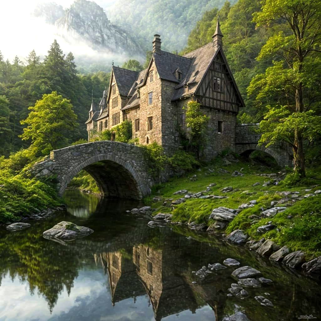 Fairytale House on River's Edge in Chiaroscuro