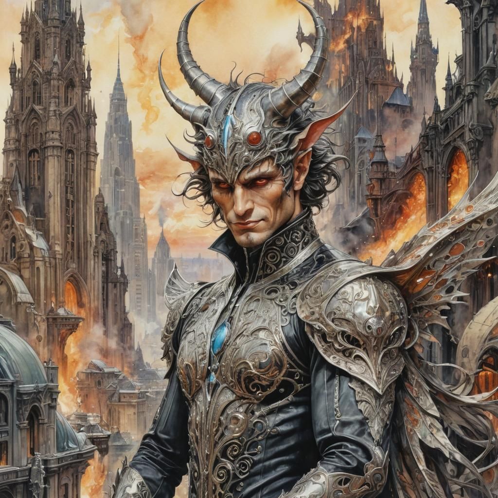 Art Deco Demon in Hellish Cityscape