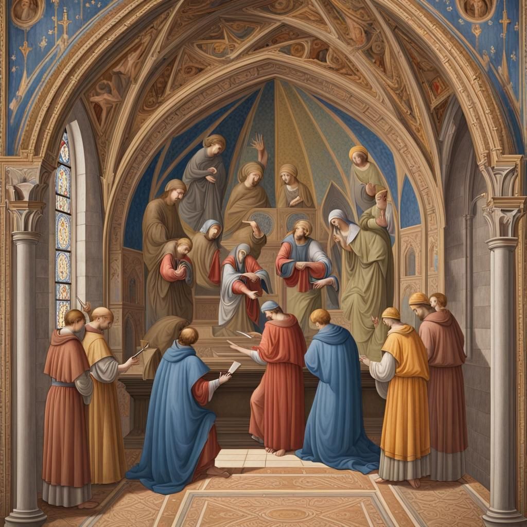 Medieval Chapel Interior Painted in Gouache Style