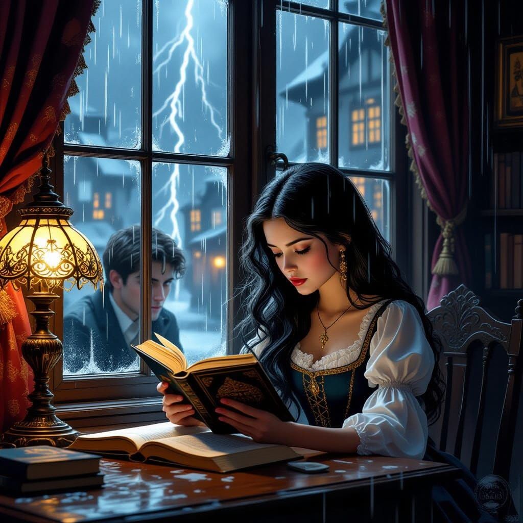 Elegant Girl Reads in Stormy Fantasy Scene