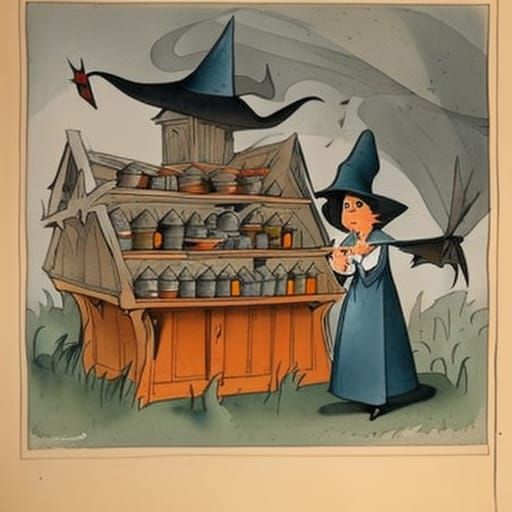 Witch at medieval market stall sells magic ingredients