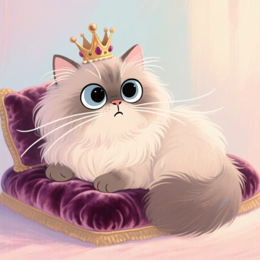 Caricature, storybook illustration. A fluffy Persian cat wit...