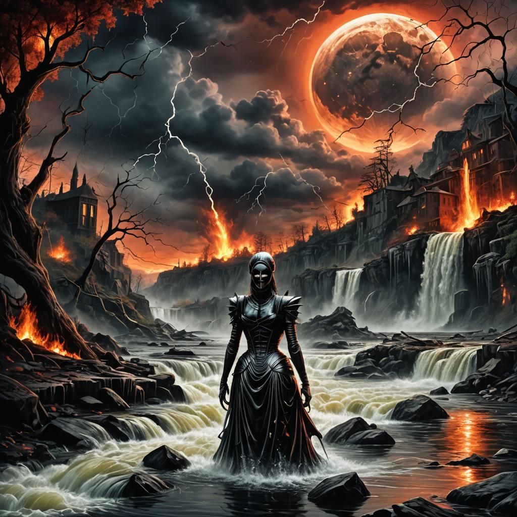 Sinister Japanese Woman in Burning Landscape