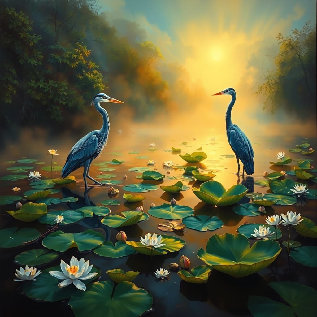 Twilight Bayou Scene in Vibrant Acrylic Style