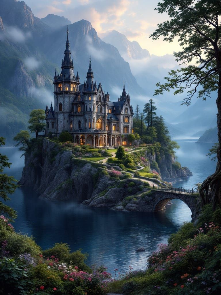 Gothic Mansion Fjord Landscape Painting