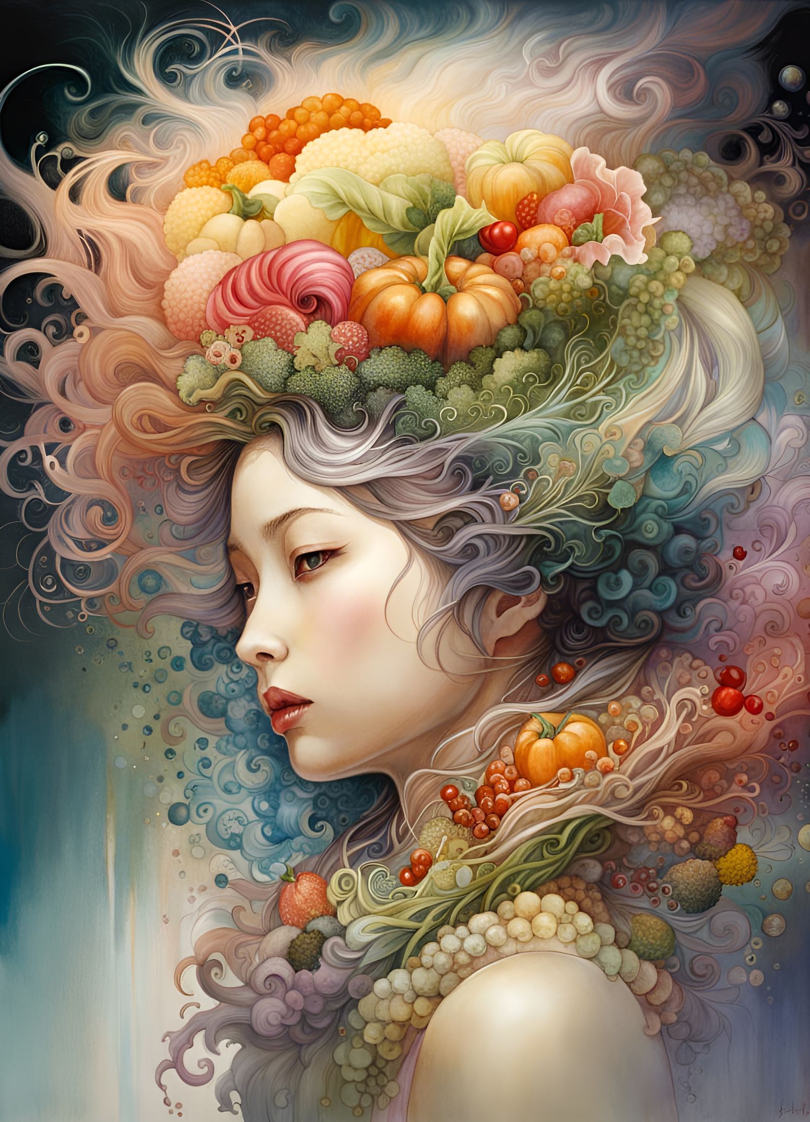 Vegetable Hair Woman in Watercolor Style