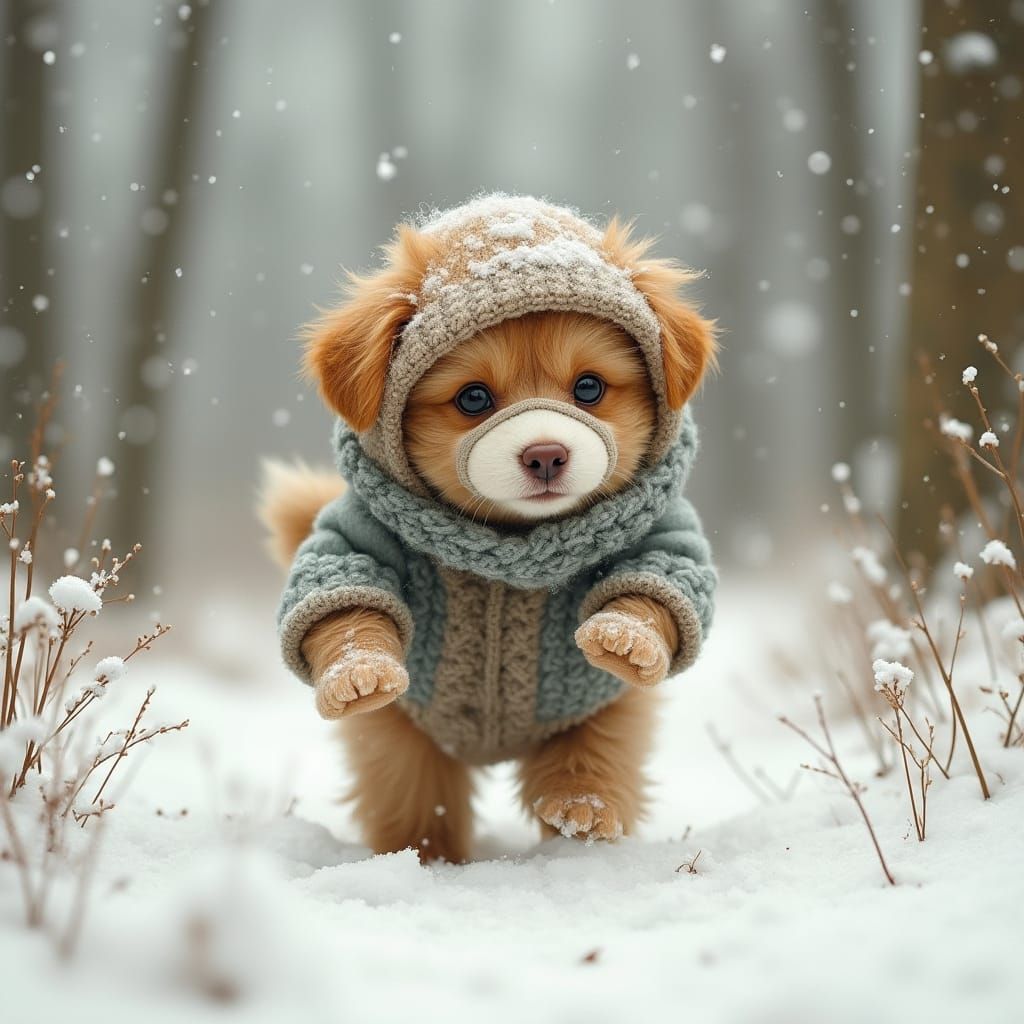 Puppy in Ski Mask Plays in Winter Forest