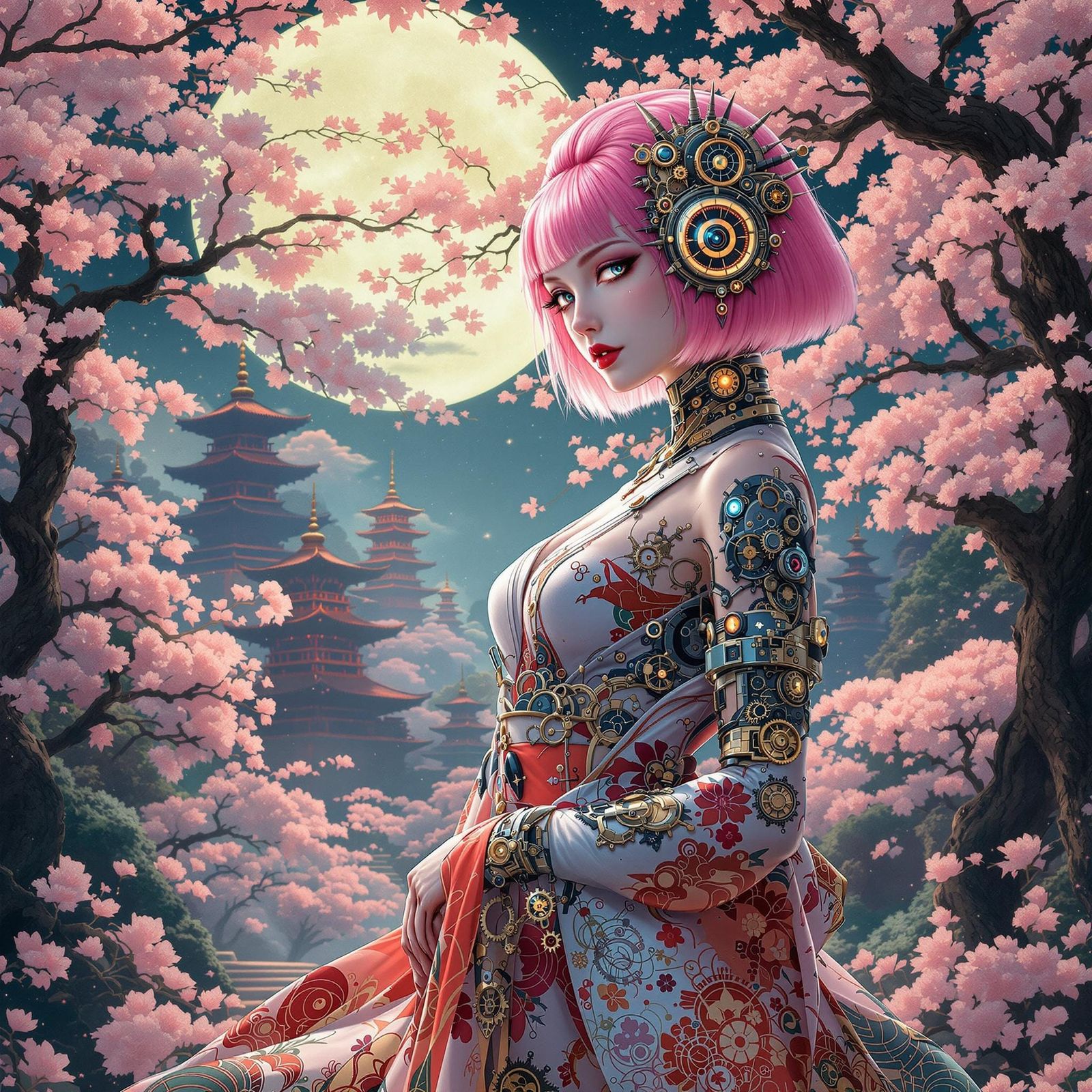 Art Nouveau Cyborg Geisha in Moonlit Garden
