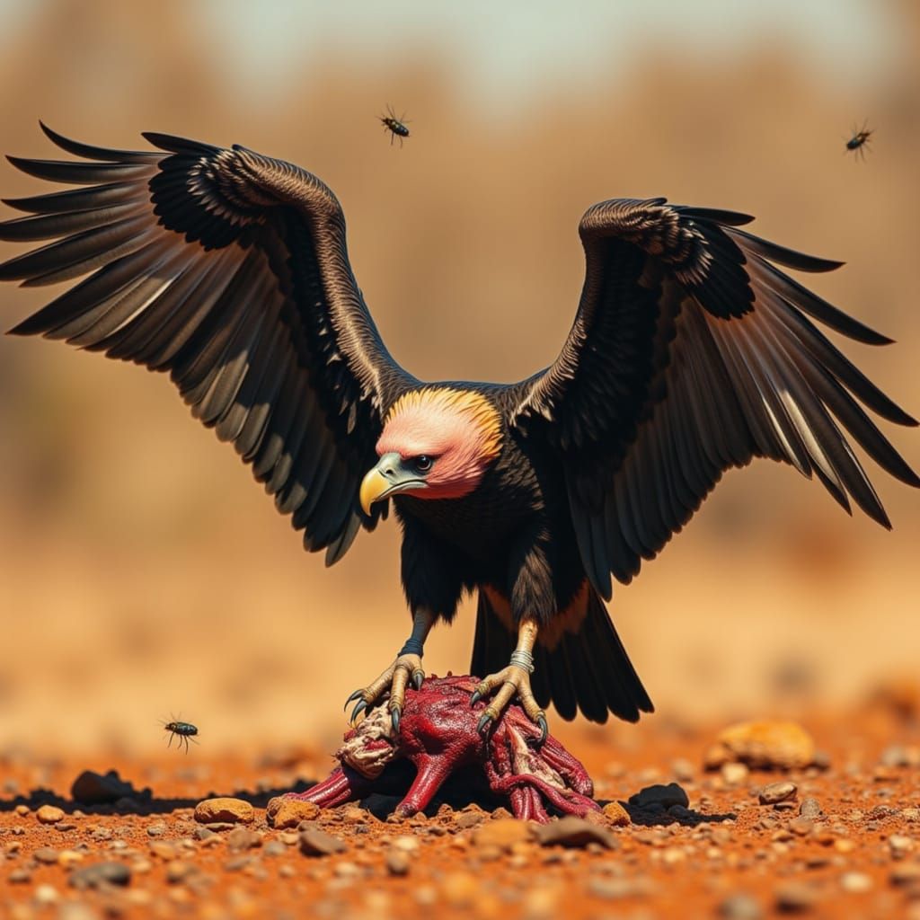 Lappet-faced Vulture Feeds on Antelope in Realistic Wildlife...