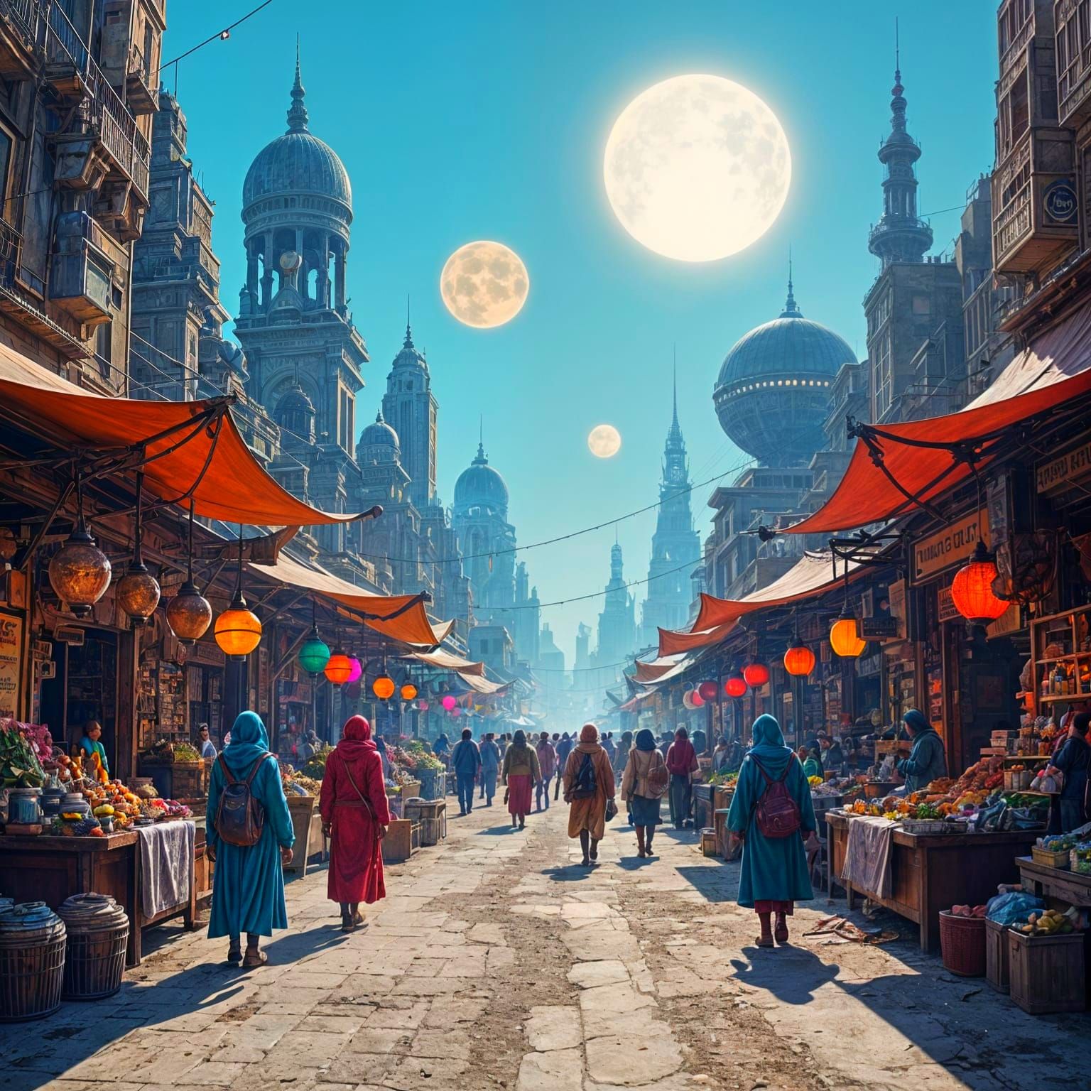 Bustling Alien Marketplace in Syd Mead and Moebius Style