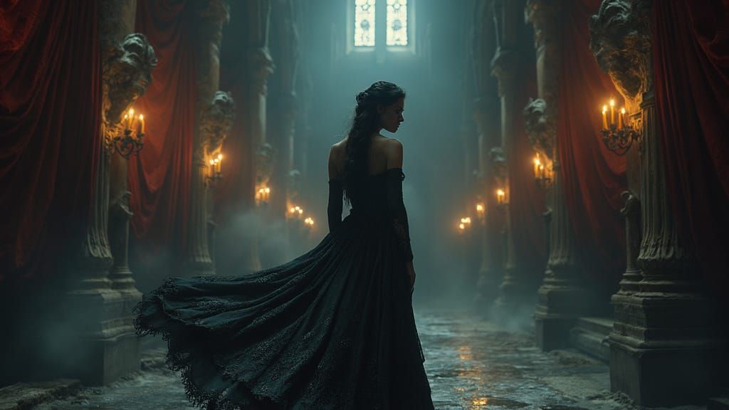 Mysterious Woman in a Ruined Gothic Castle