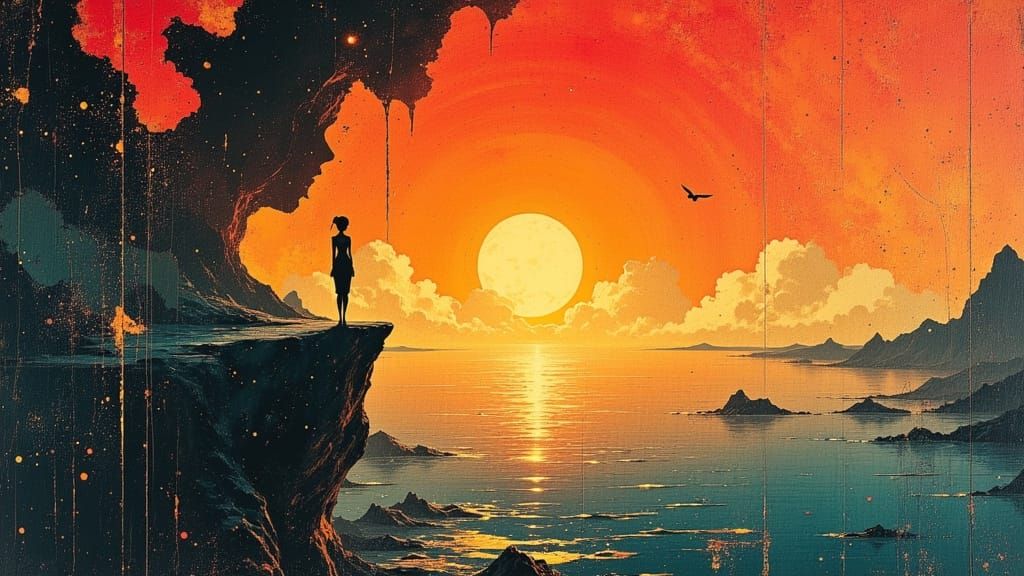 Elegant Figure Silhouetted Against Alien Ocean Sunset