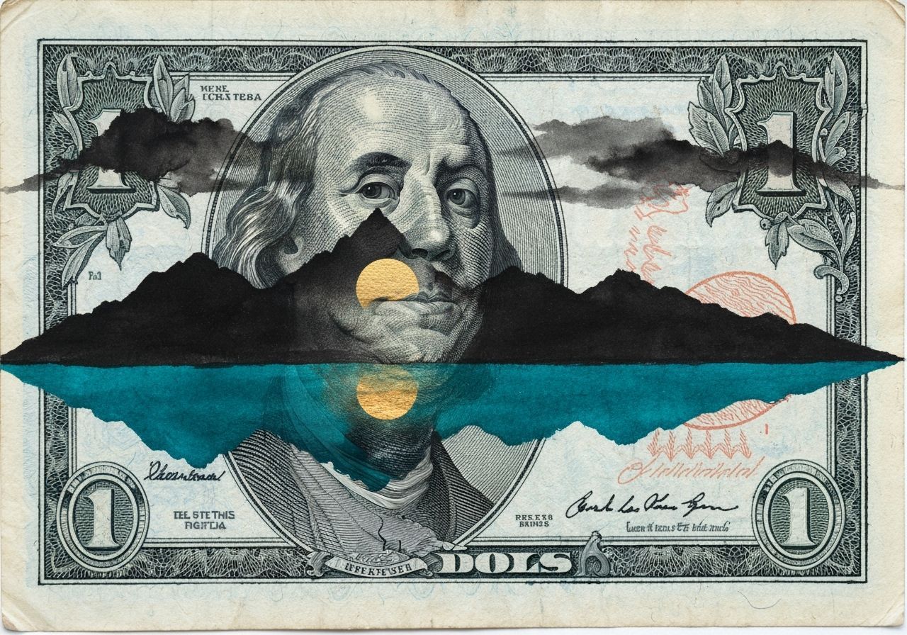 Mountain Lake Landscape on US Banknote, Sumi-e Style