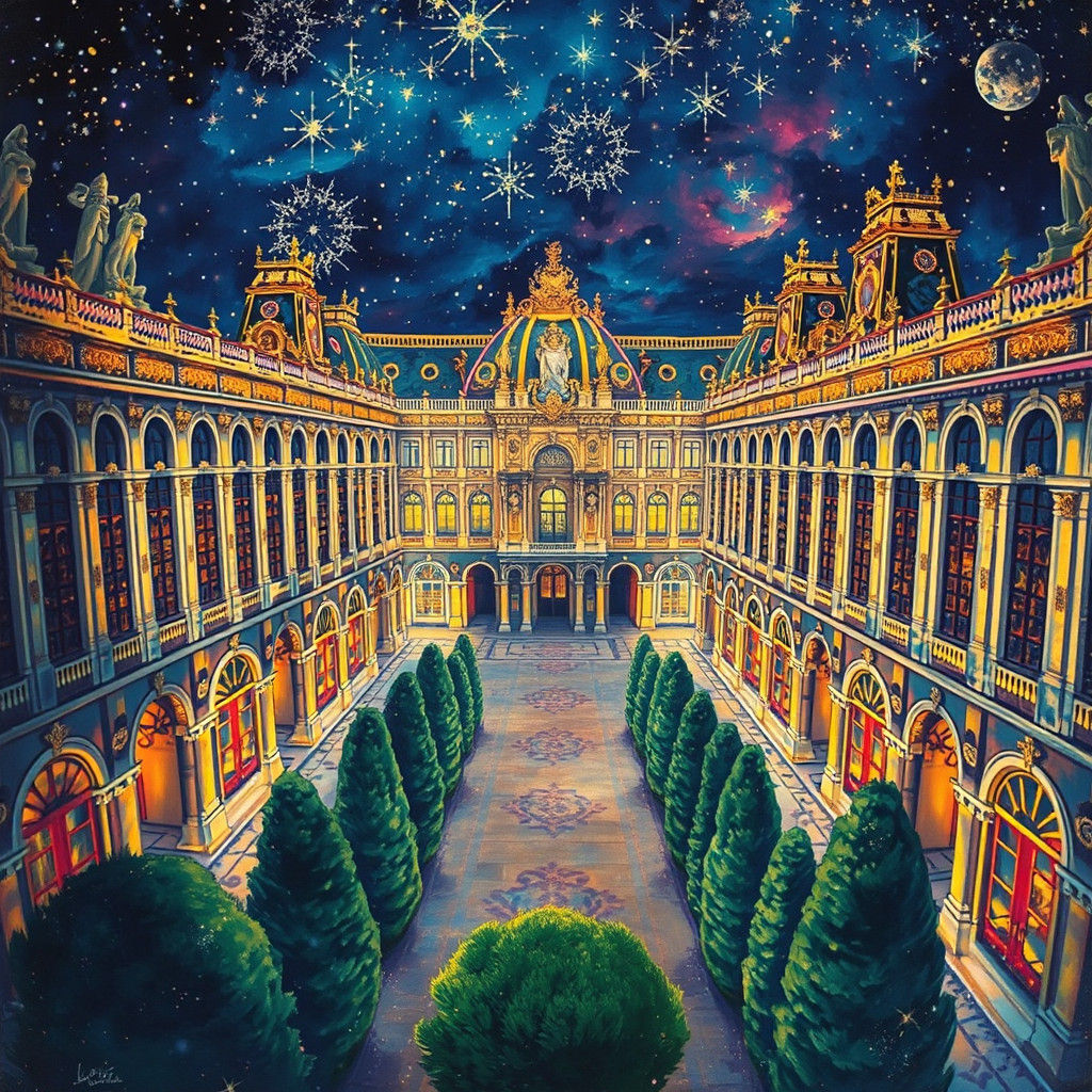 Versailles Palace Interior at Night, Bright Vintage Illustra...