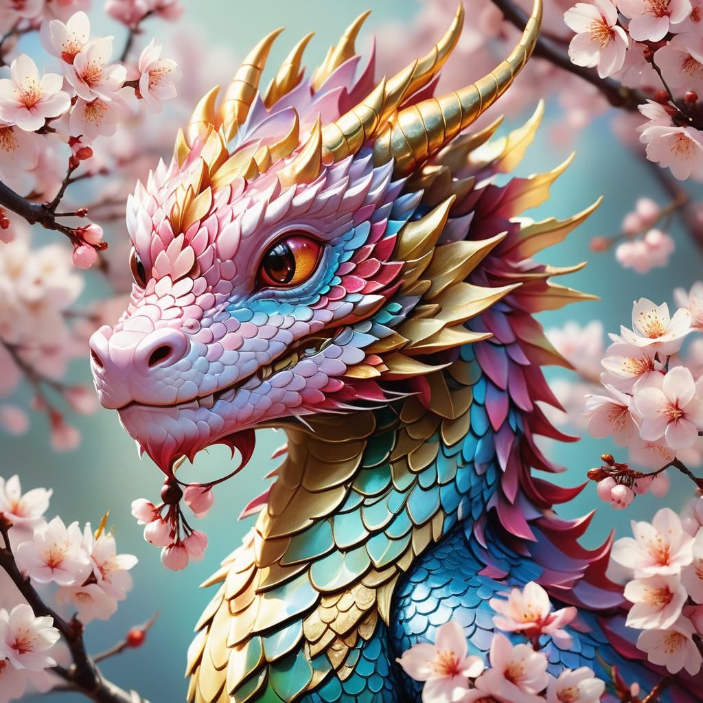 Whimsical Dragon with Cherry Motifs: Concept Art