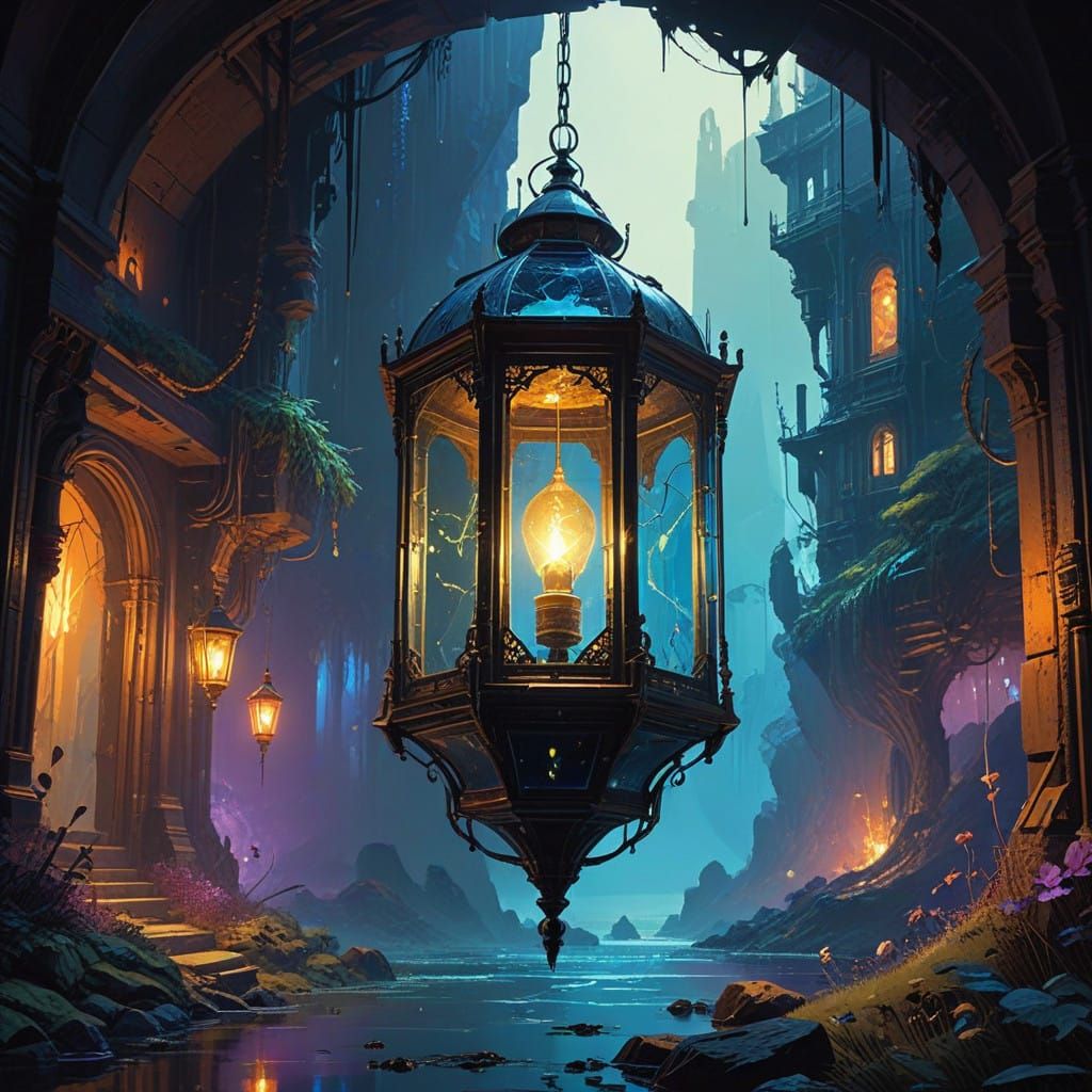 Mystical Fantasy Lantern in Vibrant Sci-Fi Landscape
