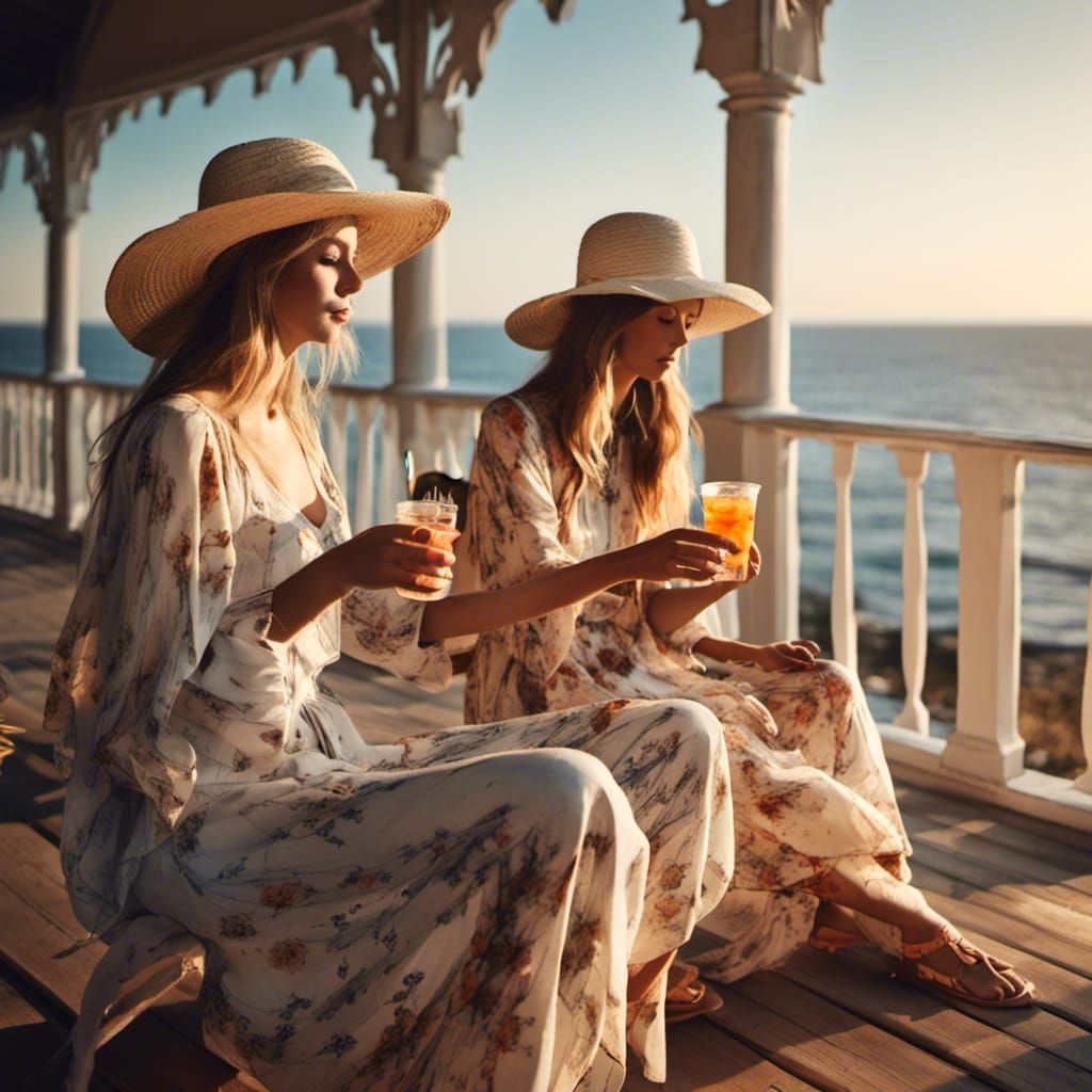 Coastal Sunset: Women Enjoying Iced Tea