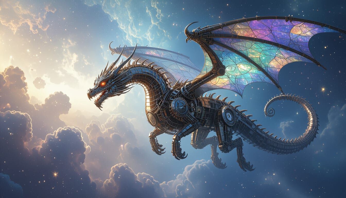 Clockwork Dragon Soaring Through Cosmic Nebula