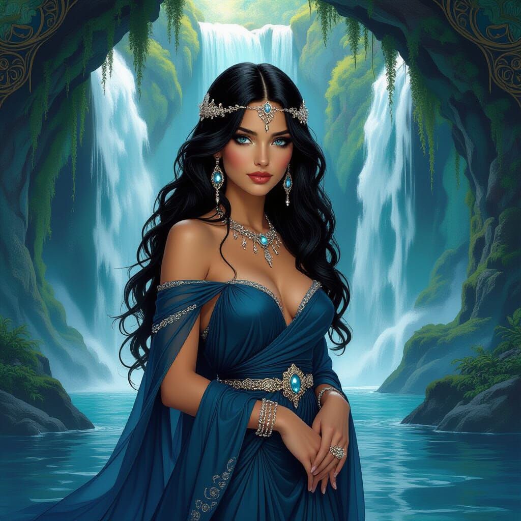 Ebony Goddess with Sapphire Eyes in Art Nouveau Style