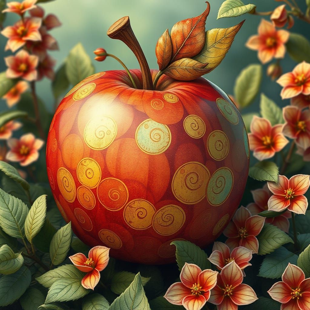 Whimsical Apple Creature in a Vibrant Orchard