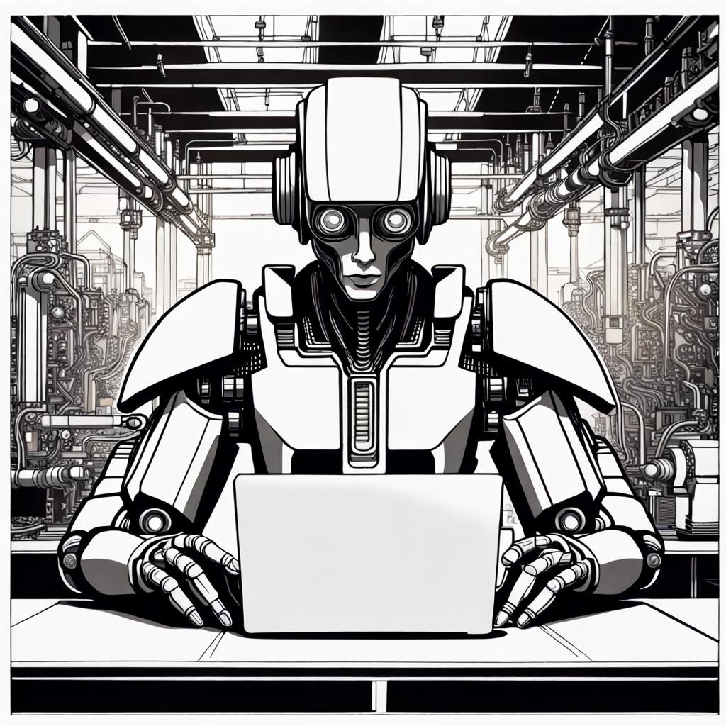 Android Robot Working in Energy Factory, Ink Drawing