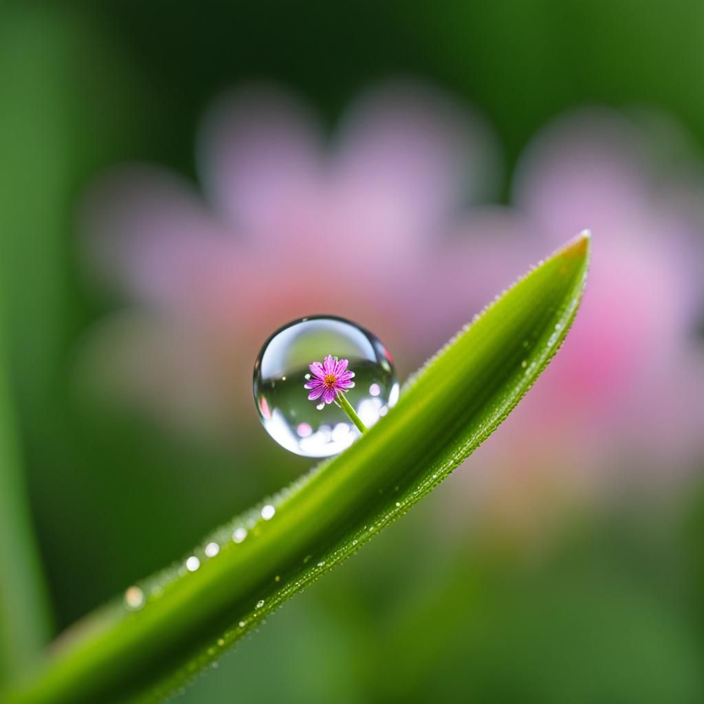 Dew Drop Refraction of Tiny Flowers
