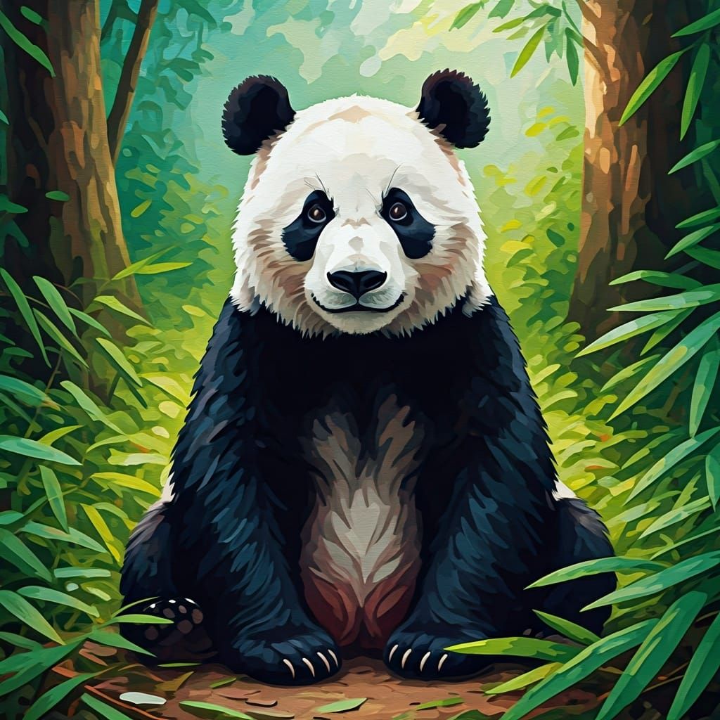 Panda Bear in Forest, Gouache Impasto Style