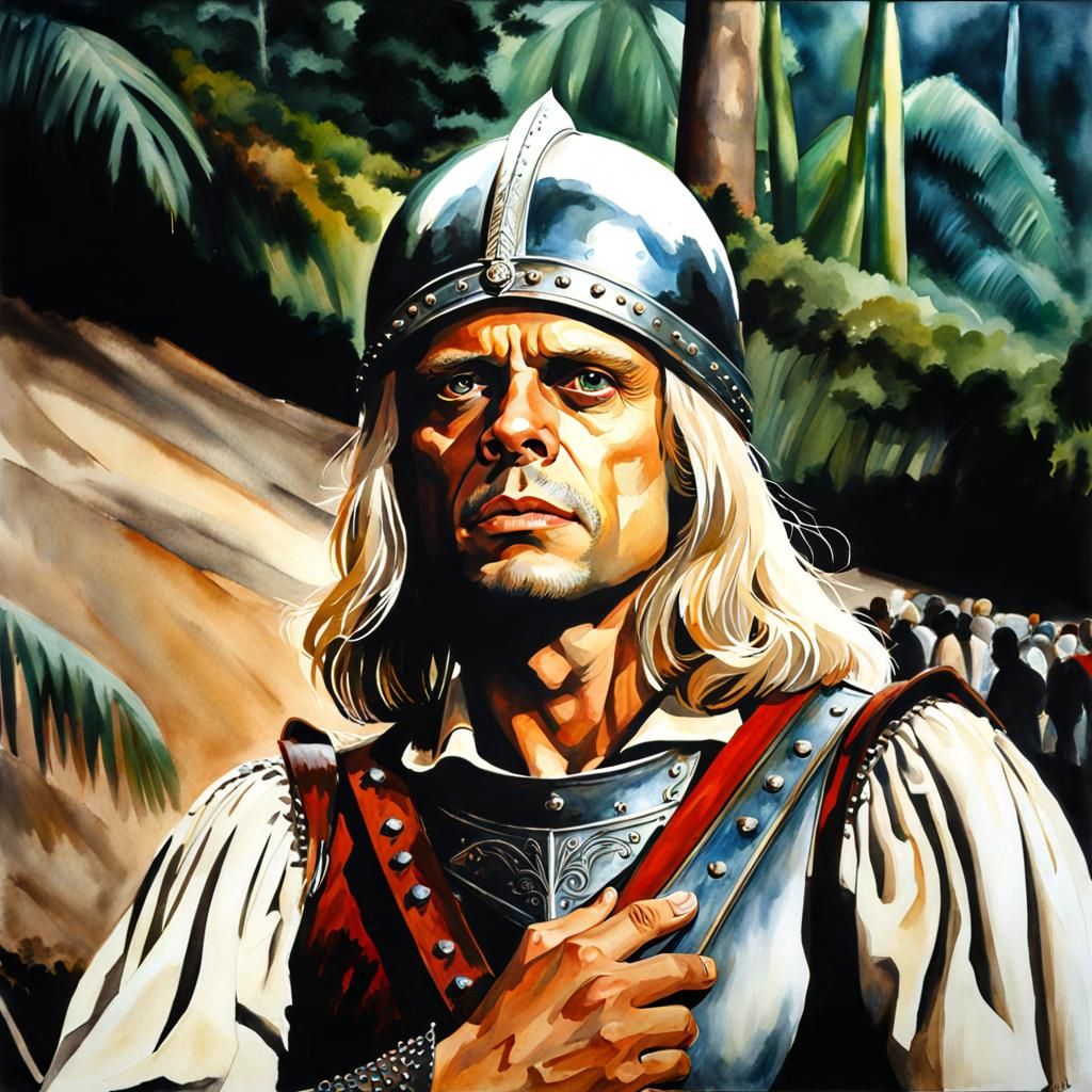 Conquistador in Amazonia: Detailed Watercolor Painting
