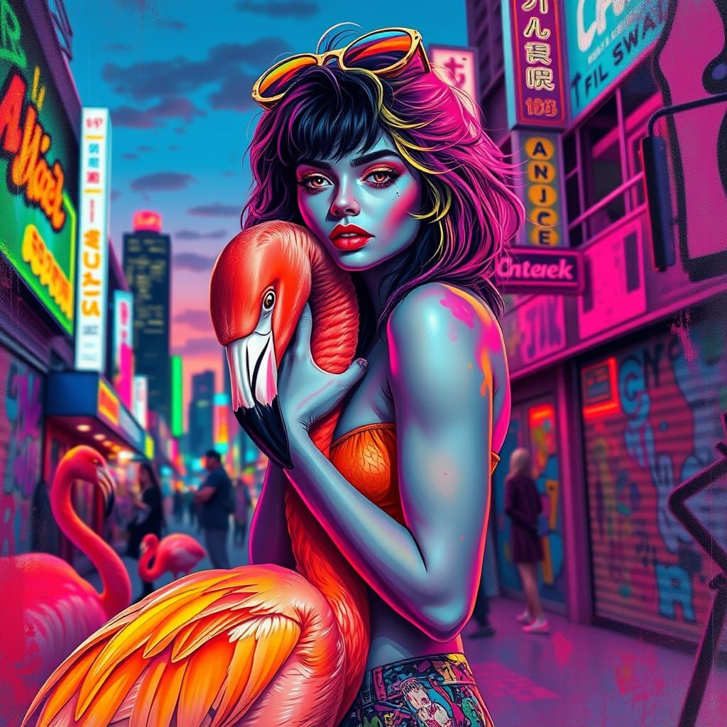 Cyberpunk Woman Surrounded by Kaleidoscope Colors and Graffi...