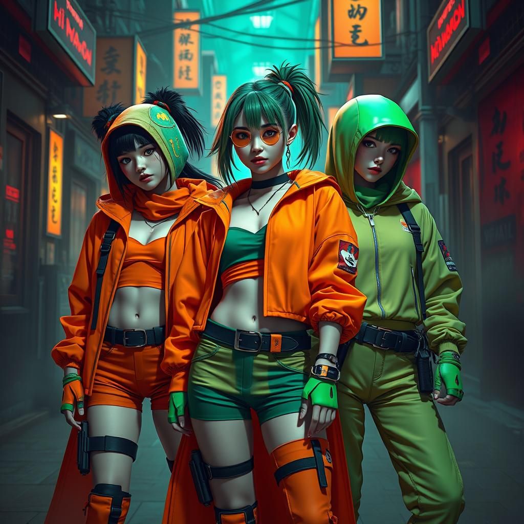 Trendy Urban Warriors in Harmonious Orange and Green