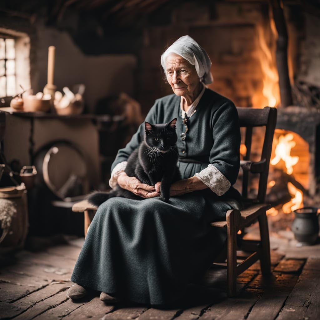 Medieval Peasant Woman and Her Feline Companion