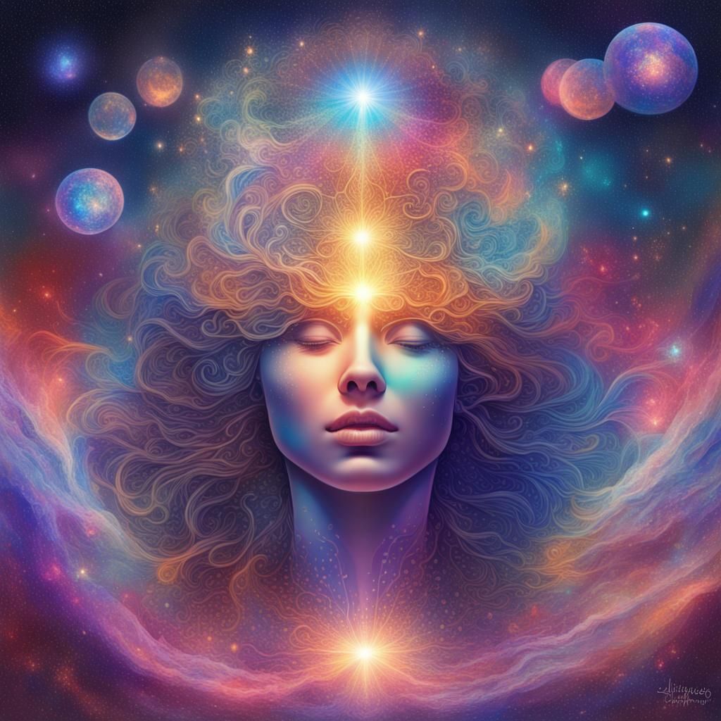 Holographic Astral Illustration in Pablo Amaringo Style