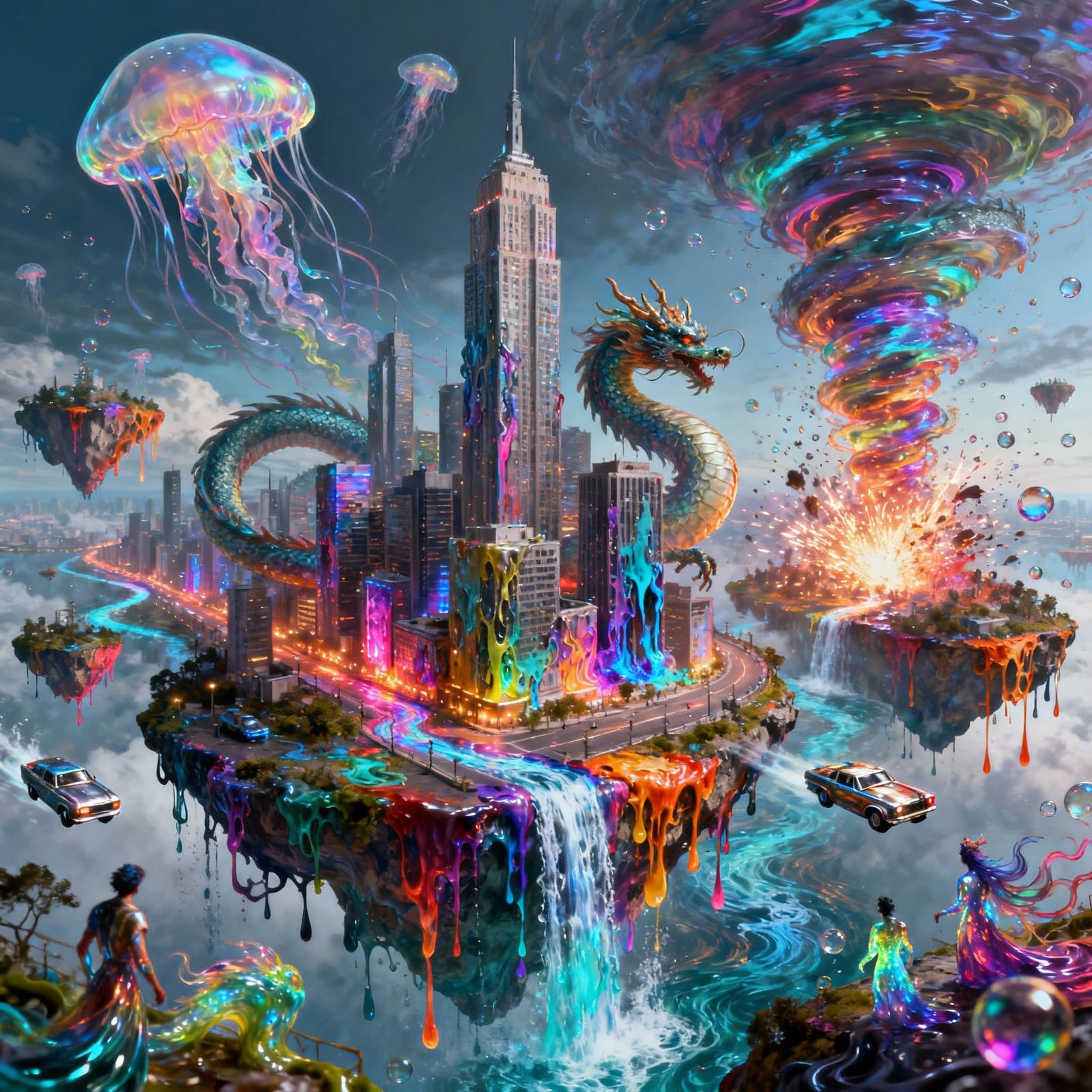 Hyper-Surreal Floating City of Liquid Neon Paint and Water