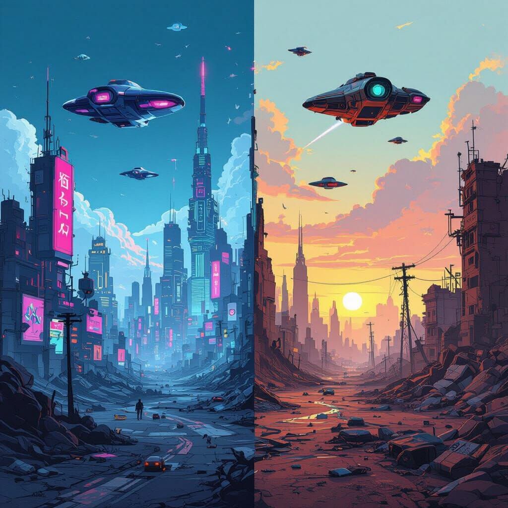 Utopia vs Dystopia: A Vaporwave Steampunk Cityscape
