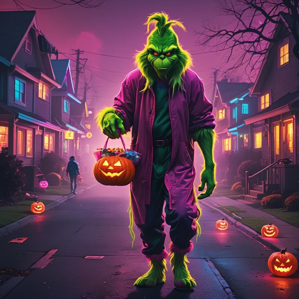 Grinch Stealing Candy in Synthwave Neon Retro Style