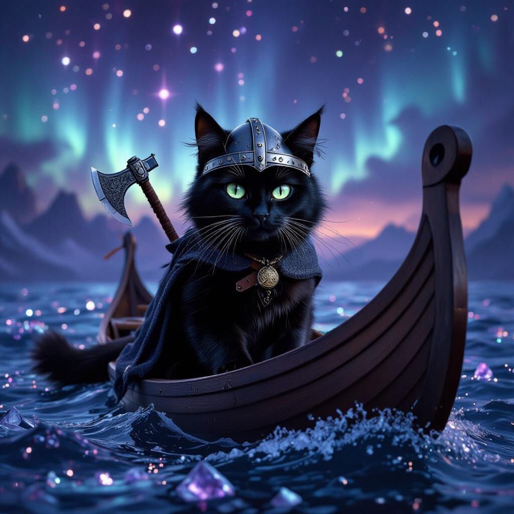 Viking Cat Sailing on Crystal Sea, Hyperrealistic Style
