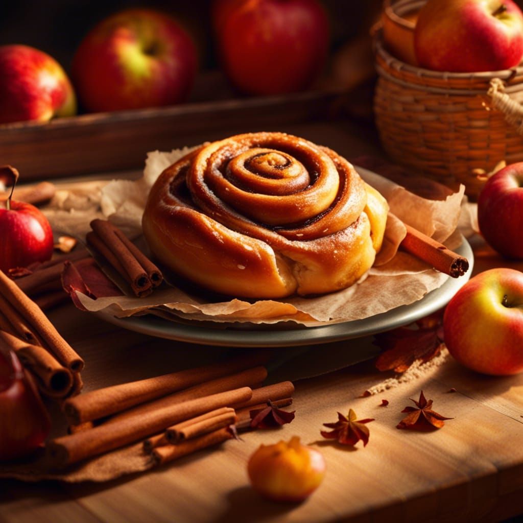 Hyperrealistic Cinnamon Buns and Apples Still Life