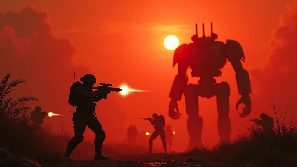 Retro Sci-Fi Soldier Silhouette in Burning Battlefield