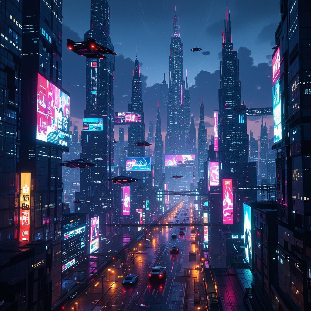 Futuristic Metropolis at Night: Neon Skyscrapers & Flying Ca...