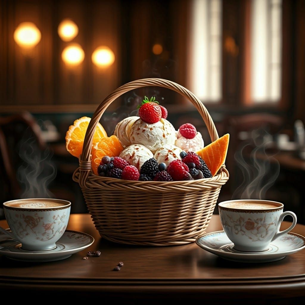 Ice Cream Basket with Fruit in Restaurant Setting