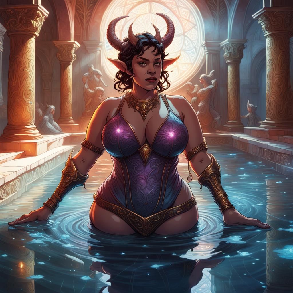 Tiefling Sorceress in Multicolored Crystal Pool