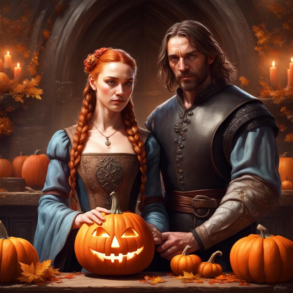 Sandor and Sansa Carving Pumpkins, Hyperdetailed Portrait